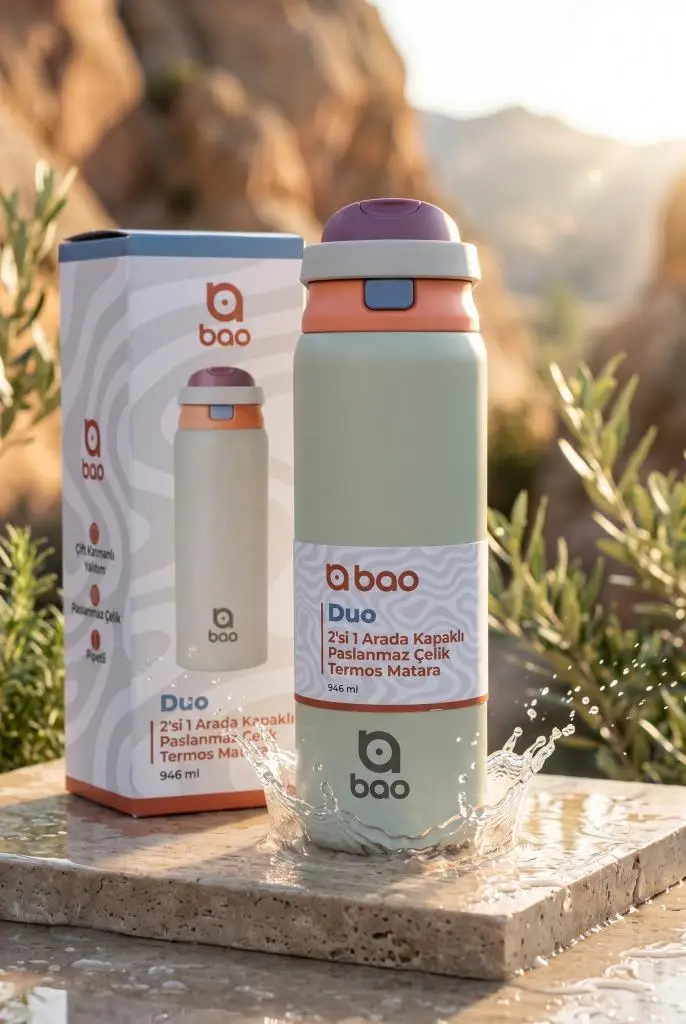 Bao Duo 2'si 1 Arada Kapaklı Paslanmaz Çelik Termos Matara 946 ml WS16495