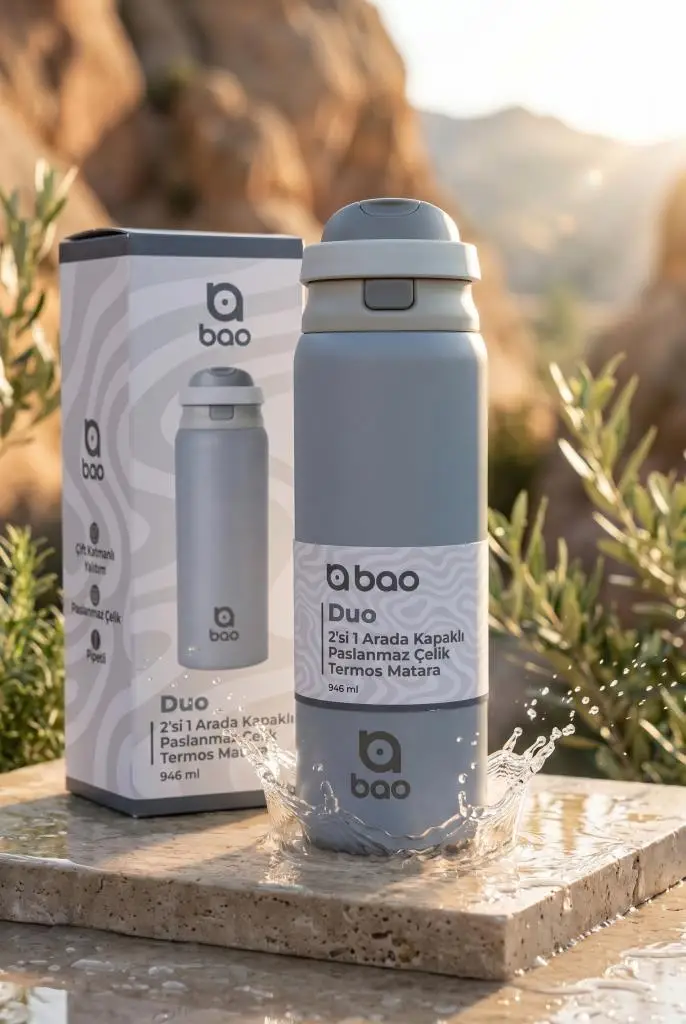 Bao Duo 2'si 1 Arada Kapaklı Paslanmaz Çelik Termos Matara 946 ml WS16495 - Buz Mavisi