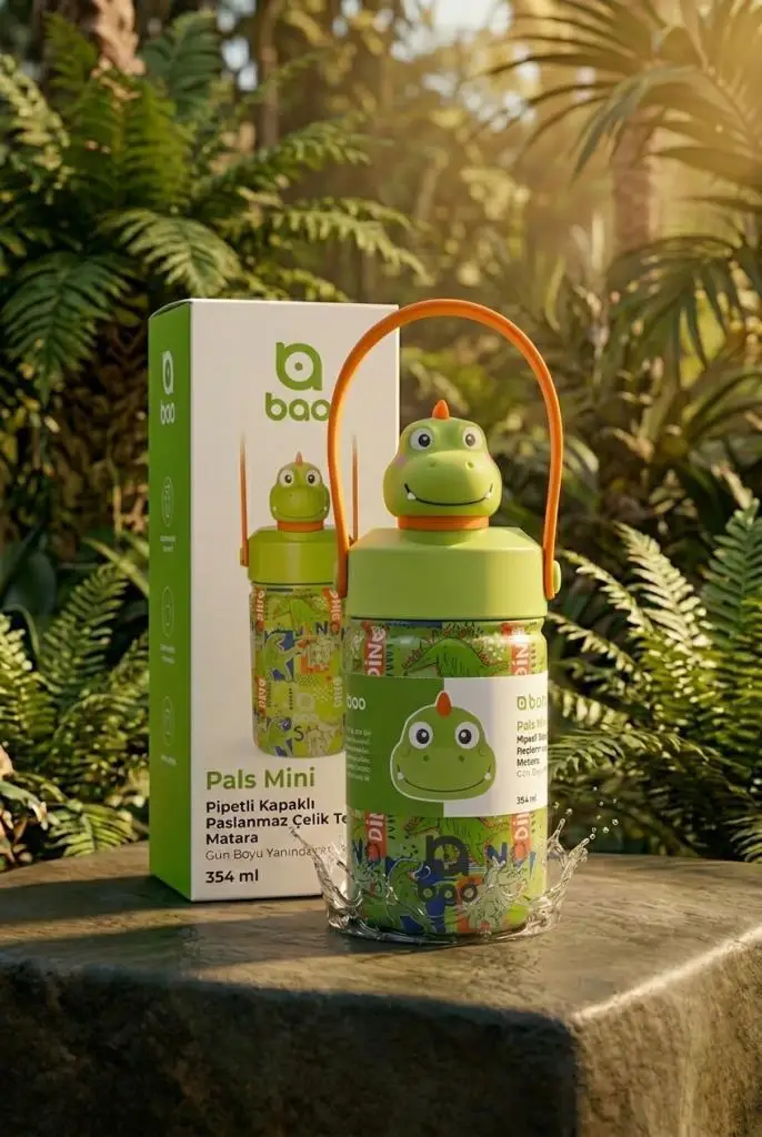 Bao Pals Mini Pipetli Kapaklı Paslanmaz Çelik Termos Matara 354 ml WS170 - Mini Dinozor