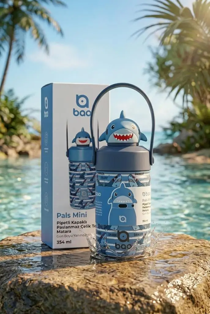 Bao Pals Mini Pipetli Kapaklı Paslanmaz Çelik Termos Matara 354 ml WS170 - Mini Shark