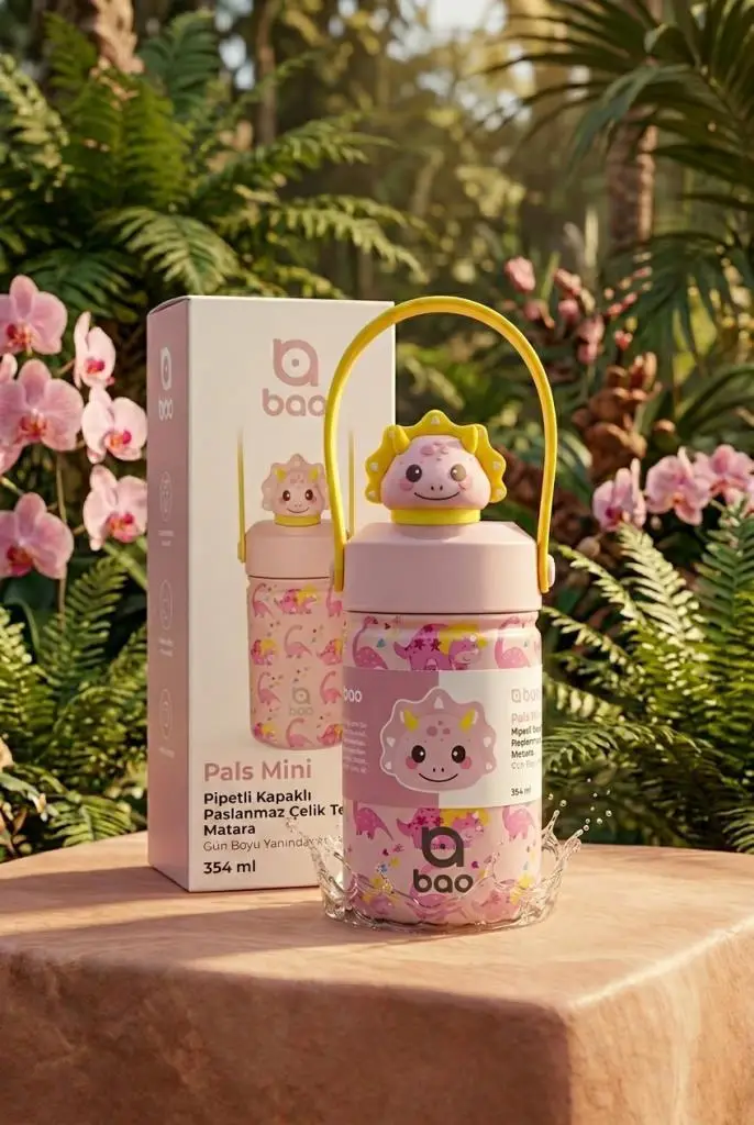 Bao Pals Mini Pipetli Kapaklı Paslanmaz Çelik Termos Matara 354 ml WS170 - Mini Pembe Dinozor