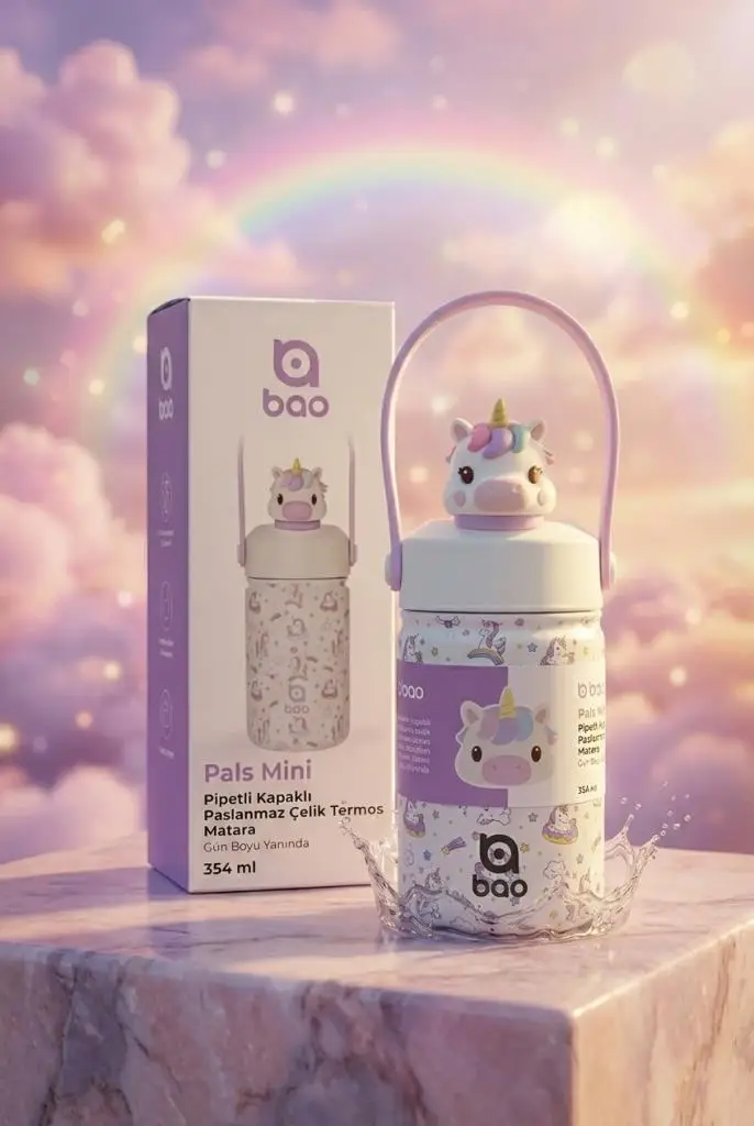 Bao Pals Mini Pipetli Kapaklı Paslanmaz Çelik Termos Matara 354 ml WS170 - Mini Unicorn