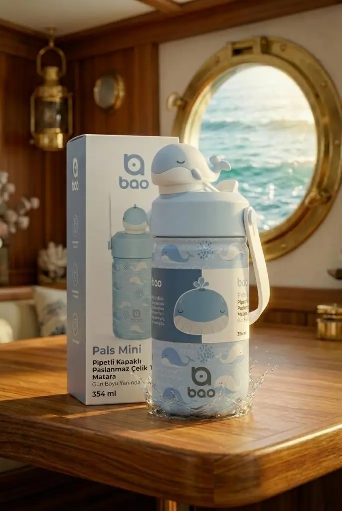 Bao Pals Mini Pipetli Kapaklı Paslanmaz Çelik Termos Matara 354 ml WS170 - Mini Whale