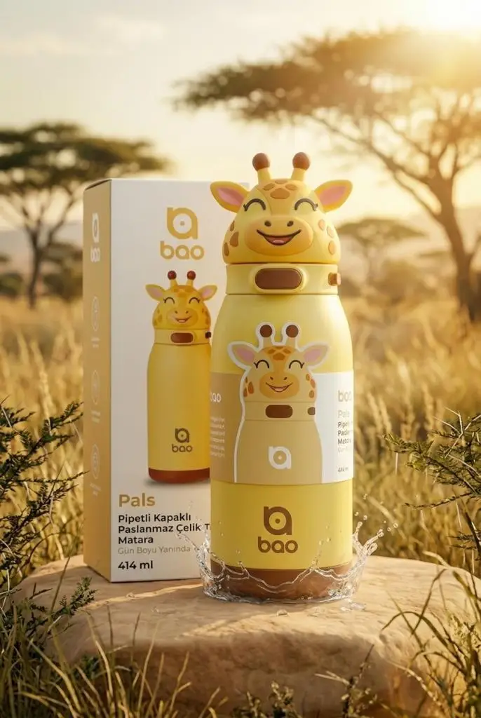 Bao Pals Pipetli Kapaklı Paslanmaz Çelik Termos Matara 414 ml WS203 - Zürafa