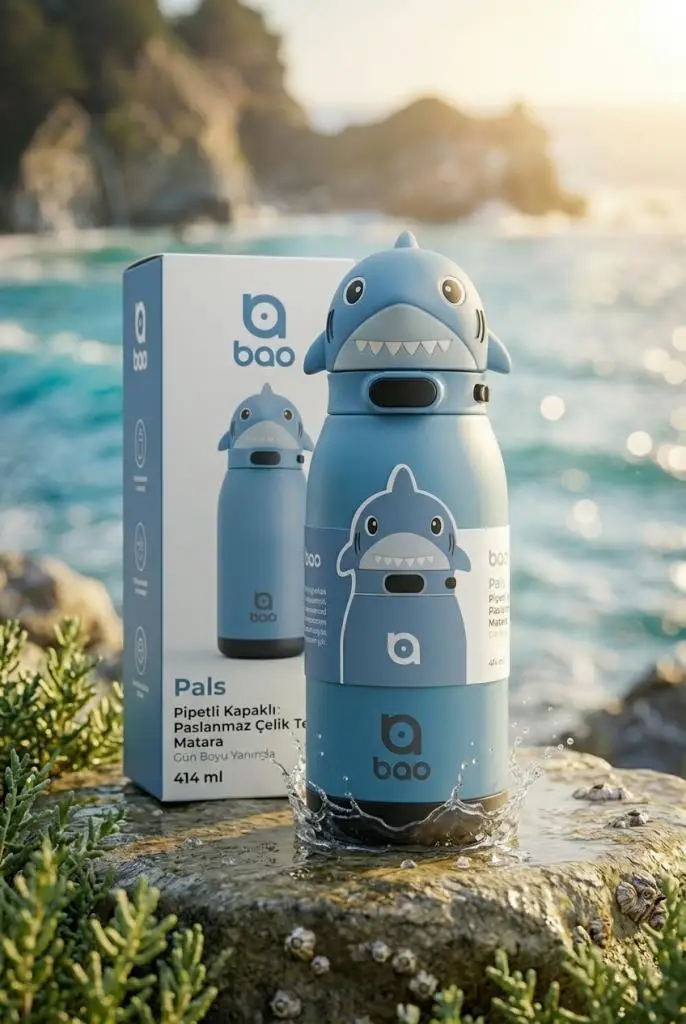 Bao Pals Pipetli Kapaklı Paslanmaz Çelik Termos Matara 414 ml WS203 - Köpek Balığı