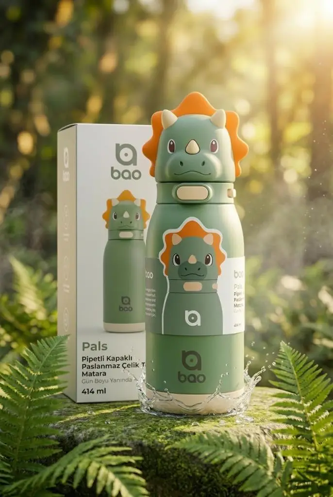 Bao Pals Pipetli Kapaklı Paslanmaz Çelik Termos Matara 414 ml WS203 - Dinozor