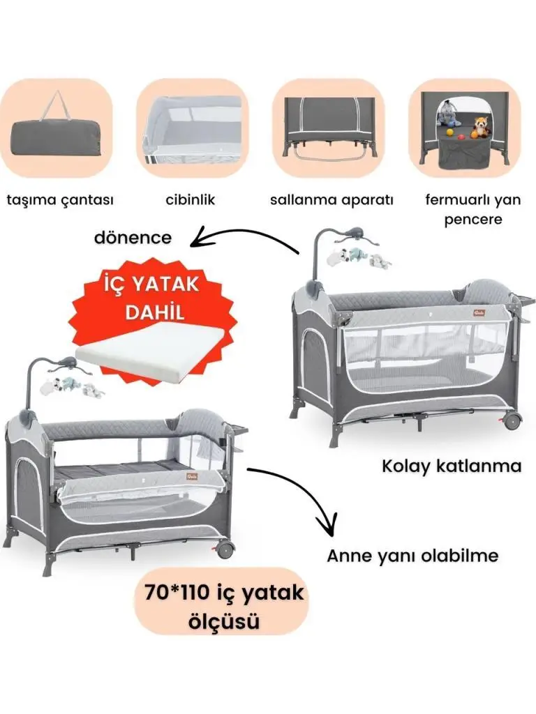 Gulz Atlas Plus Anne Yanı Sallanır Cibinlikli Dönenceli Oyun Parkı Bebek Beşik 70X110 Cm + Yataklı Dark Grey