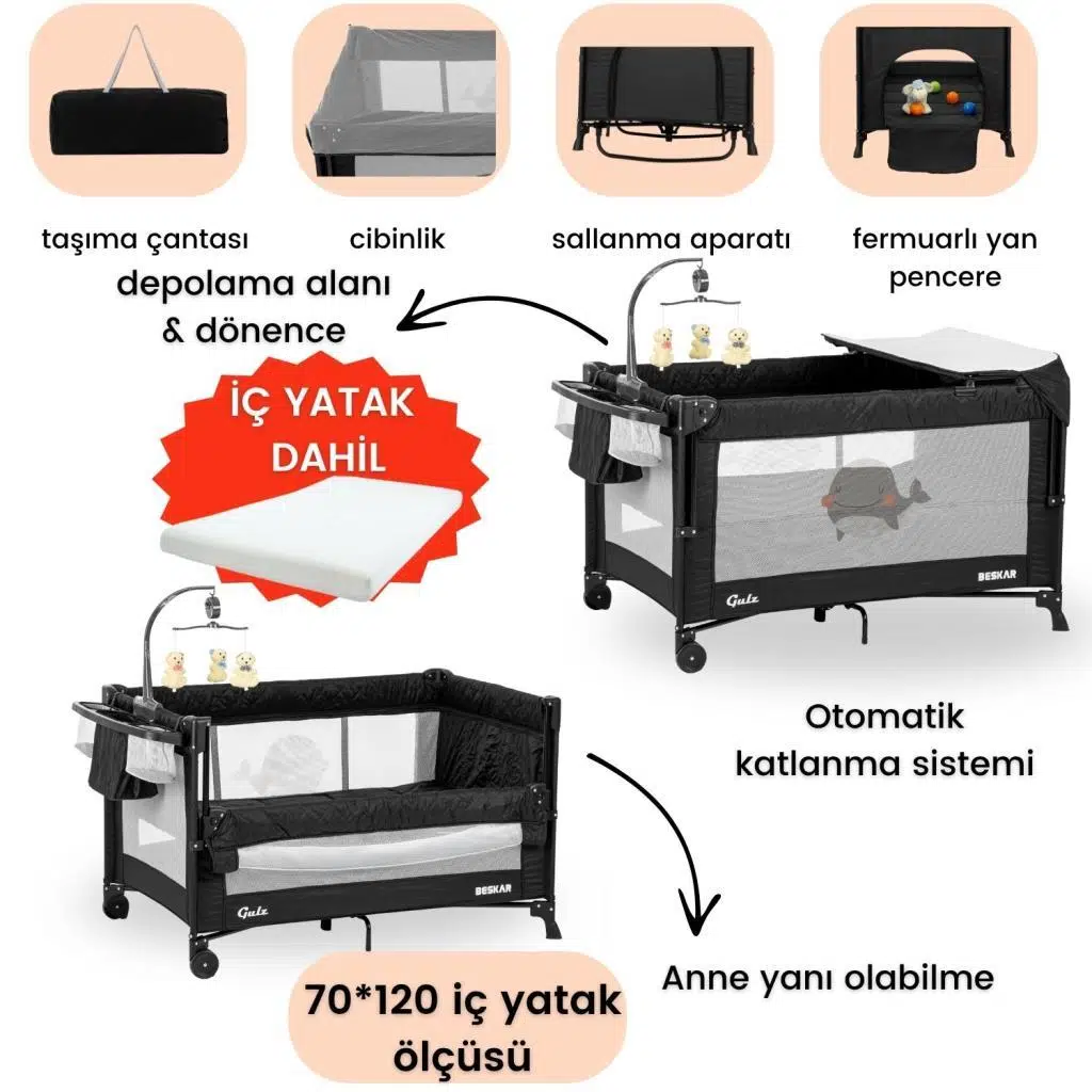 Gulz Beskar Anne Yanı Sallanır Dönenceli Alt Açmalı Oyun Parkı Bebek Beşik 70X120 cm + YATAKLI Siyah