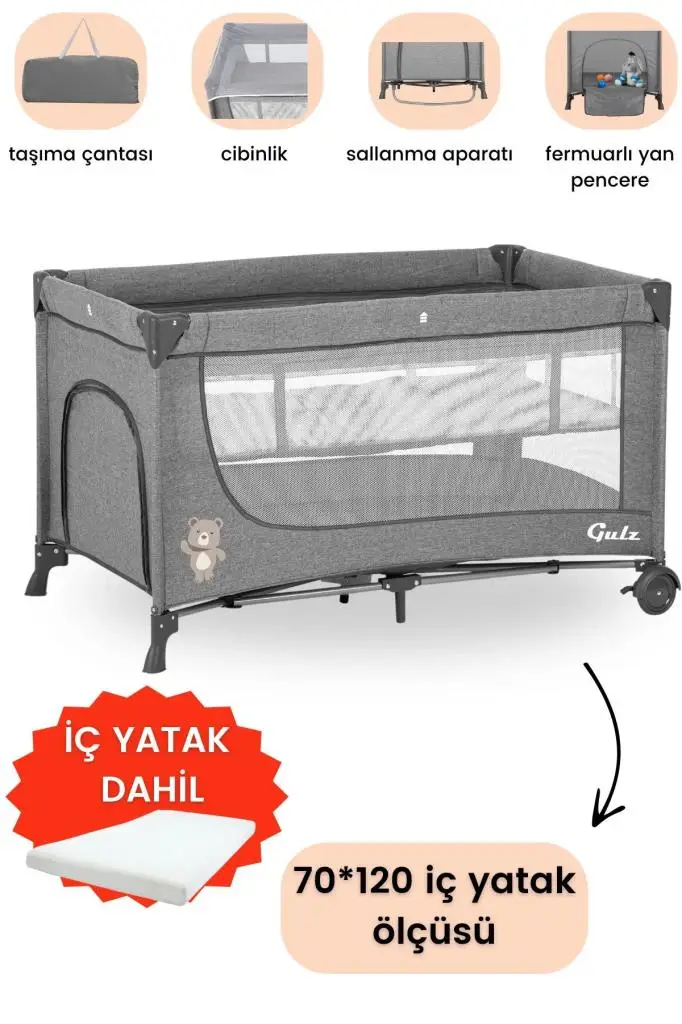 Gulz Lindo Park Yatak Oyun Parkı Bebek Beşik 70x120 Cm + YATAKLI Gray